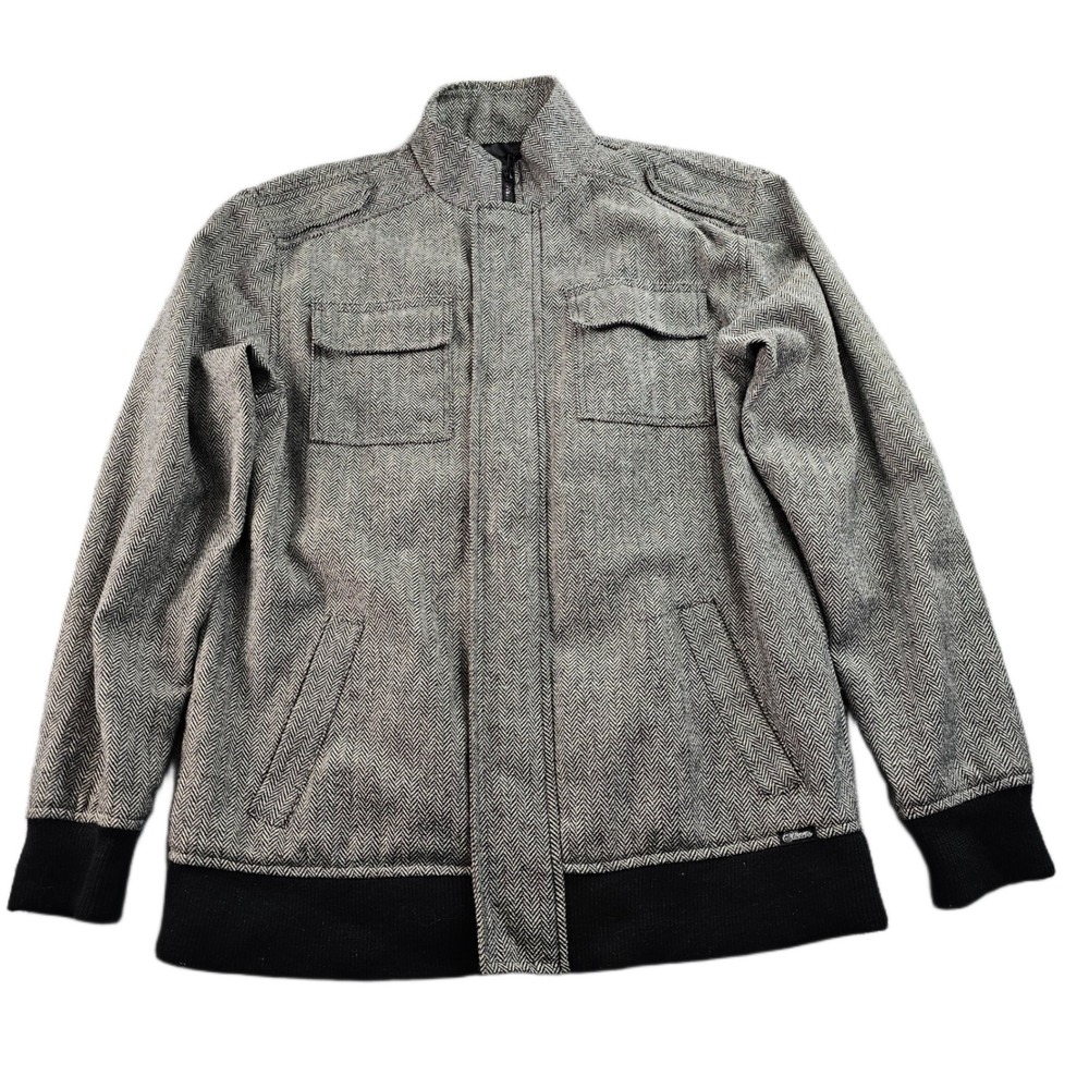Elixir Bomber Jacket Men XL Gray Black Herringbone Wool Blend Long Sleeve Zip-Up